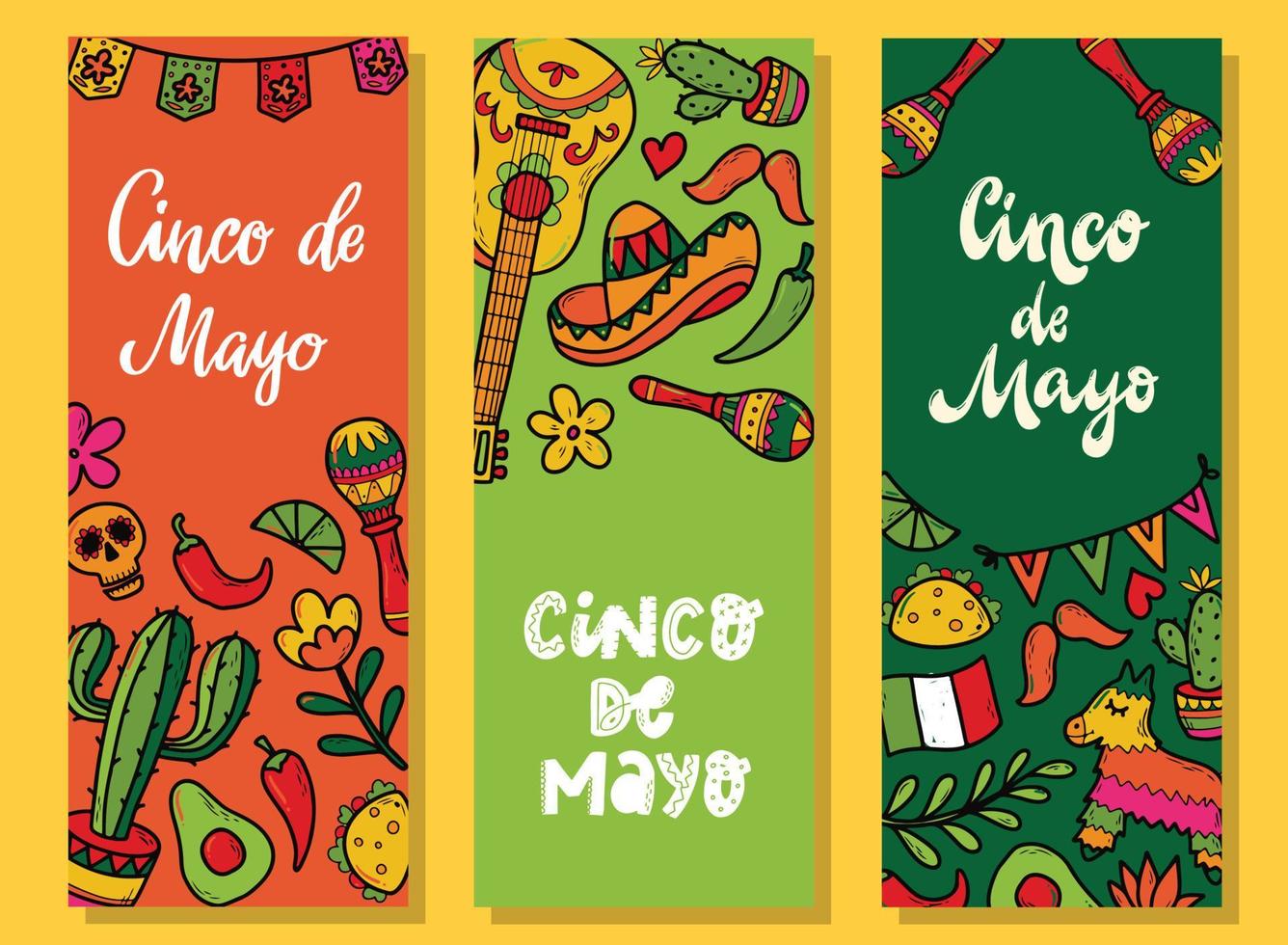 ensemble de bannières pour cinco de mayo décorées de citations et de griffonnages. bon pour les cartes, les signets, les affiches, les impressions, les invitations, etc. eps 10 vecteur