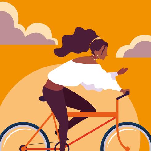 jeune femme afro à vélo avec ciel orange vecteur