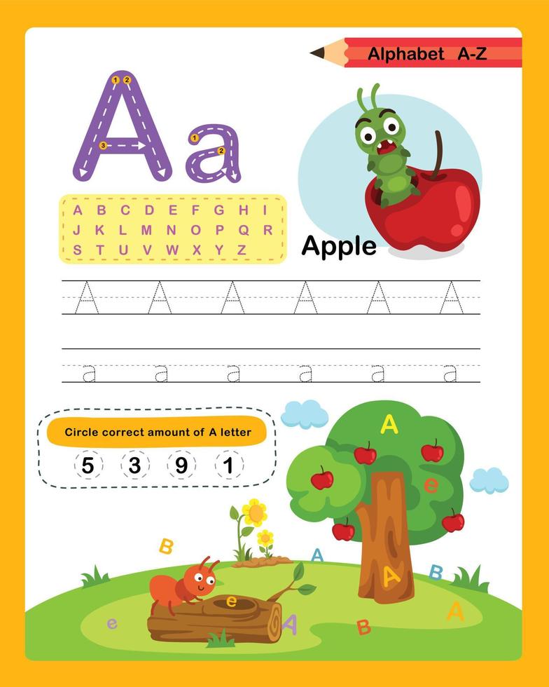 lettre de l'alphabet a - exercice de pomme avec illustration de vocabulaire de dessin animé, vecteur