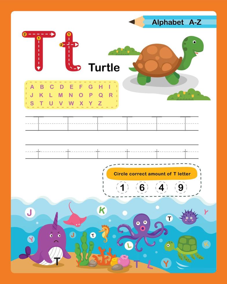 lettre de l'alphabet t - exercice de tortue avec illustration de vocabulaire de dessin animé, vecteur