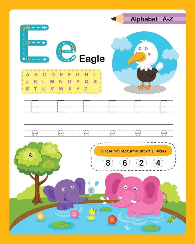 lettre de l'alphabet e - exercice d'aigle avec illustration de vocabulaire de dessin animé, vecteur