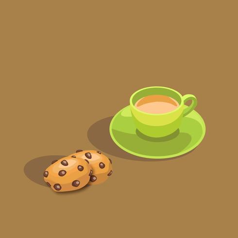 Goûtez avec une tasse de thé et des biscuits aux pépites de chocolat vecteur
