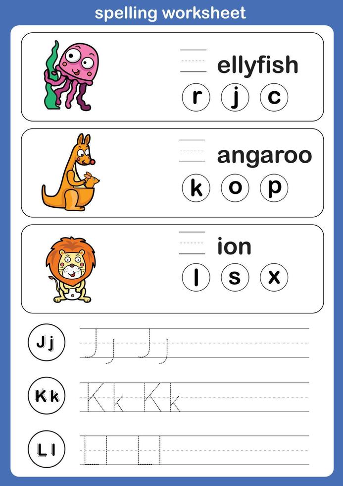 feuille de travail d'orthographe, exercice avec illustration de vocabulaire de dessin animé, vecteur
