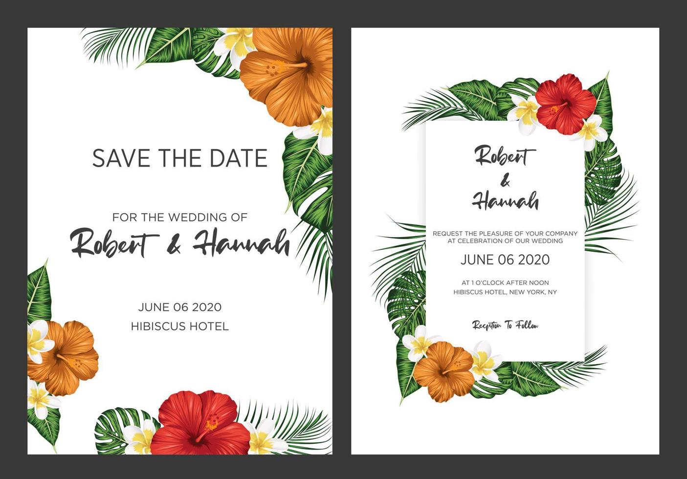 invitation de mariage avec environnement de feuilles tropicales vecteur