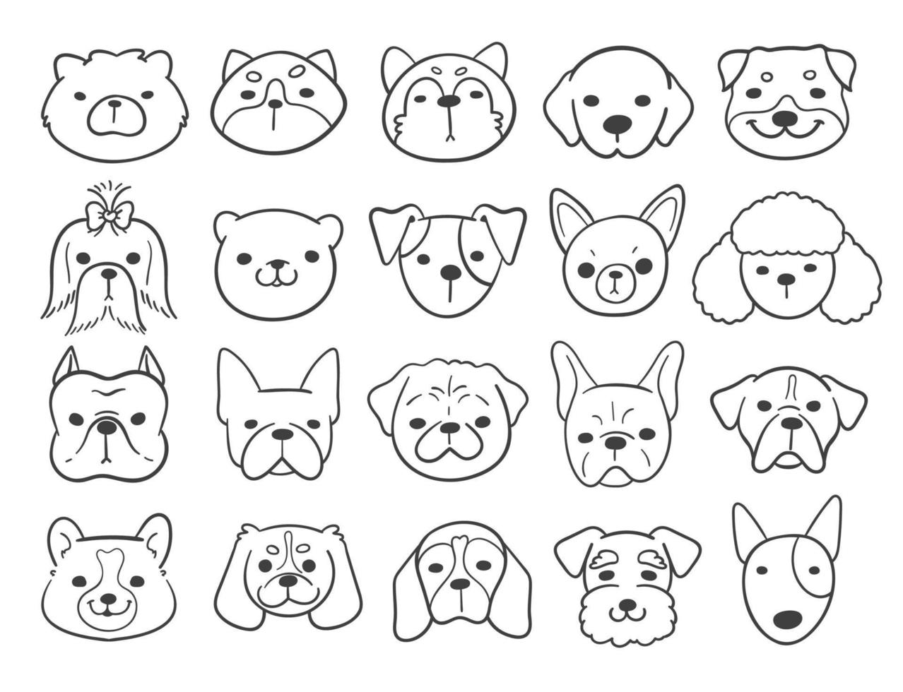 les lignes des visages de différentes races de chiens décorent un livre de coloriage pour les enfants vecteur