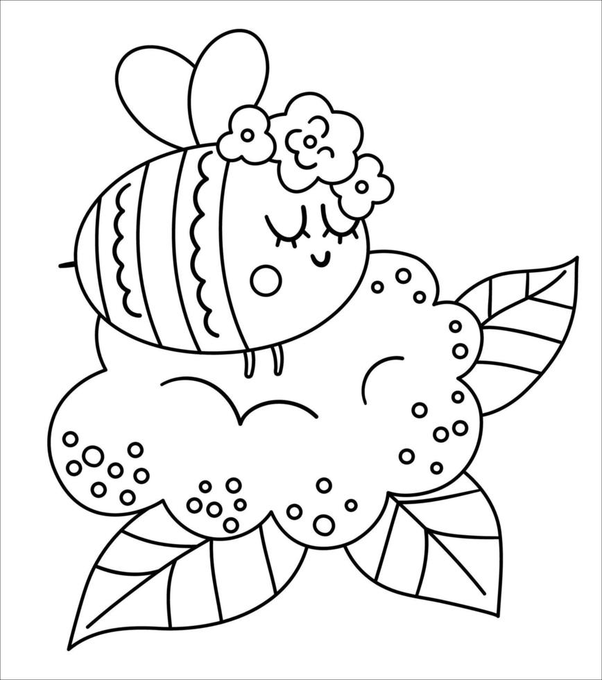 bourdon bohème de vecteur avec des fleurs sur la tête. insecte bois noir et blanc isolé sur fond blanc. composition florale boho forêt avec animal. page de coloriage de la forêt.