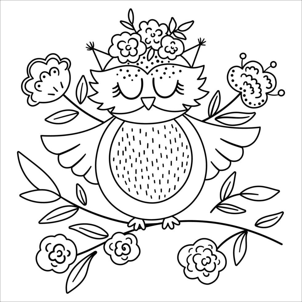 chouette bohème de vecteur avec des fleurs sur la tête. oiseau boisé noir et blanc isolé sur fond blanc. composition florale boho forêt avec animal. page de coloriage de la forêt.