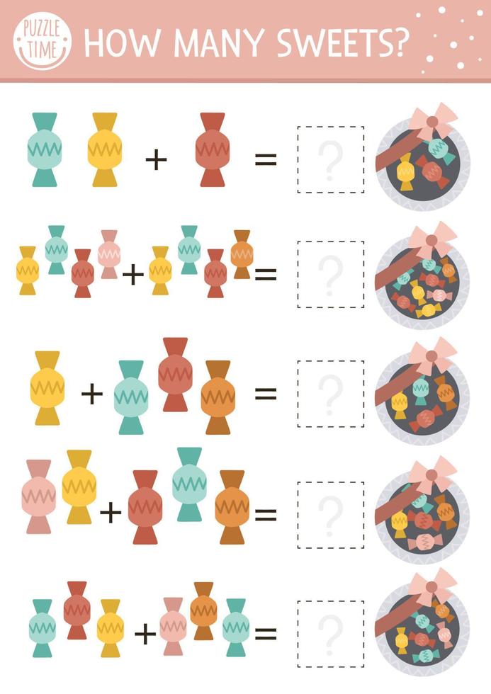 jeu d'association pour la fête des mères avec une boîte à bonbons. activité mathématique de vacances pour les enfants d'âge préscolaire avec des bonbons. feuille de calcul de comptage imprimable éducative avec des éléments amusants mignons pour les enfants vecteur