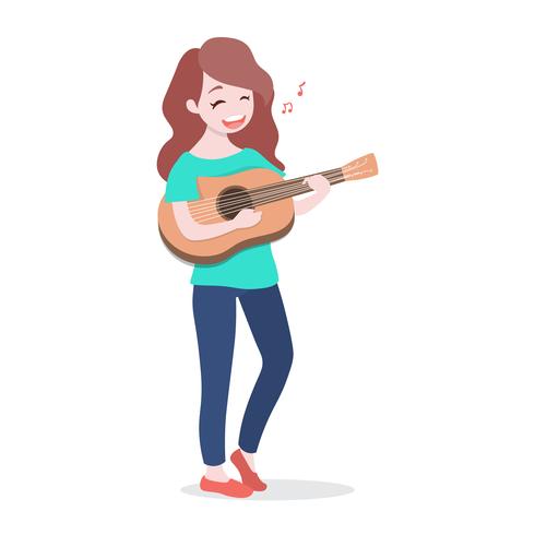 Heureuse jeune fille jouant de la guitare et chanter une chanson, isolée sur fond blanc vecteur