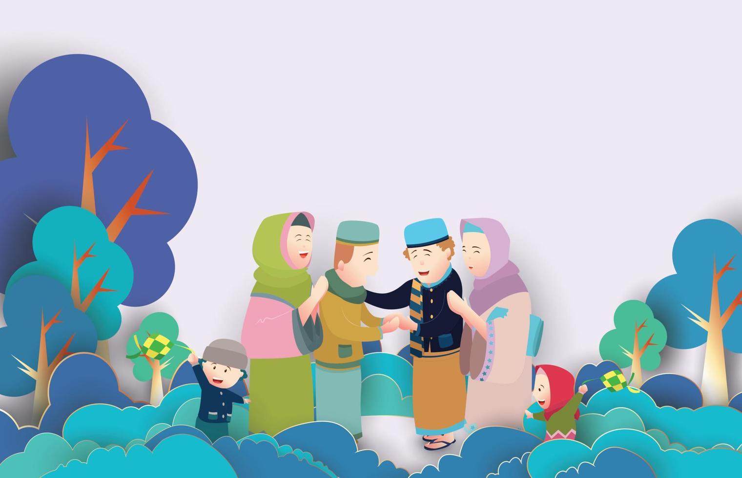 illustration vectorielle eid mubarak avec caractère familial. illustration vectorielle pour carte de voeux, affiche et bannière. avec un style design amusant vecteur