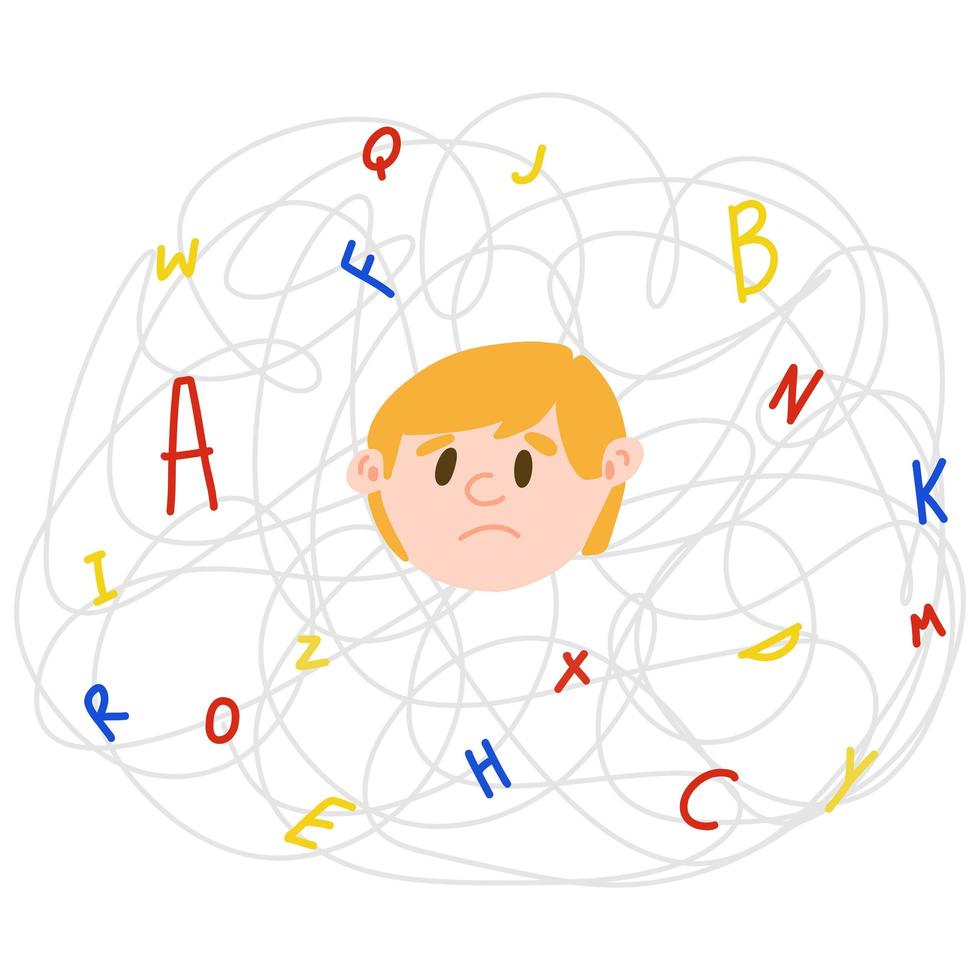 enfant à la peau claire bouleversé avec une dyslexie de maladie invisible. concept de garçon dyslexique dans le chaos des lettres en style cartoon vecteur