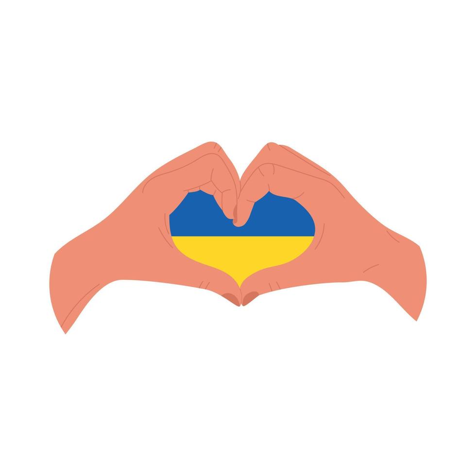 mains humaines en forme de coeur avec drapeau ukrainien, illustration vectorielle plane isolée sur fond blanc. signe d'amour, de paix et de soutien de l'ukraine pendant la guerre avec la russie. vecteur