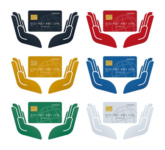 Icônes de main avec cartes de crédit à motifs globe vecteur