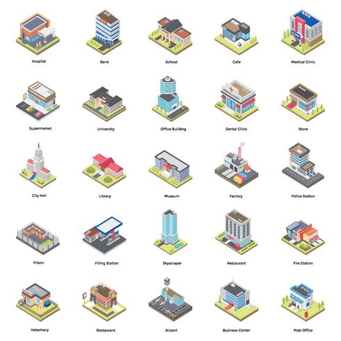 Bâtiments icônes isométriques vecteur