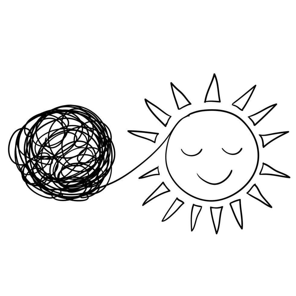 symbole d'icône de cercle et de soleil emmêlé et démêlé pour la croissance personnelle, le développement, l'évolution. enchevêtrement, perspicacité, mentor, coaching, formation, remue-méninges, style doodle dessiné à la main vecteur