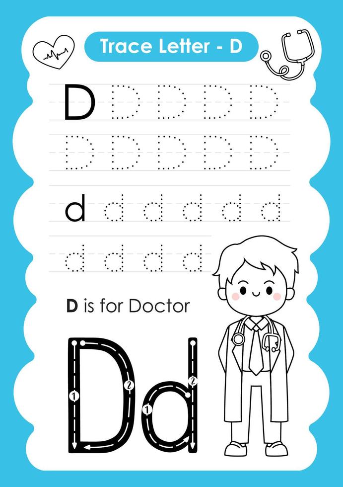 alphabet trace lettre a à z feuille de calcul préscolaire avec la lettre d docteur vecteur