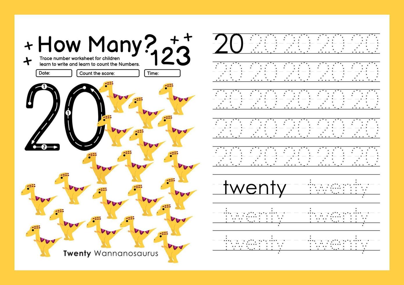 modèle de traçage des nombres en comptant le dinosaure avec le numéro vingt vecteur