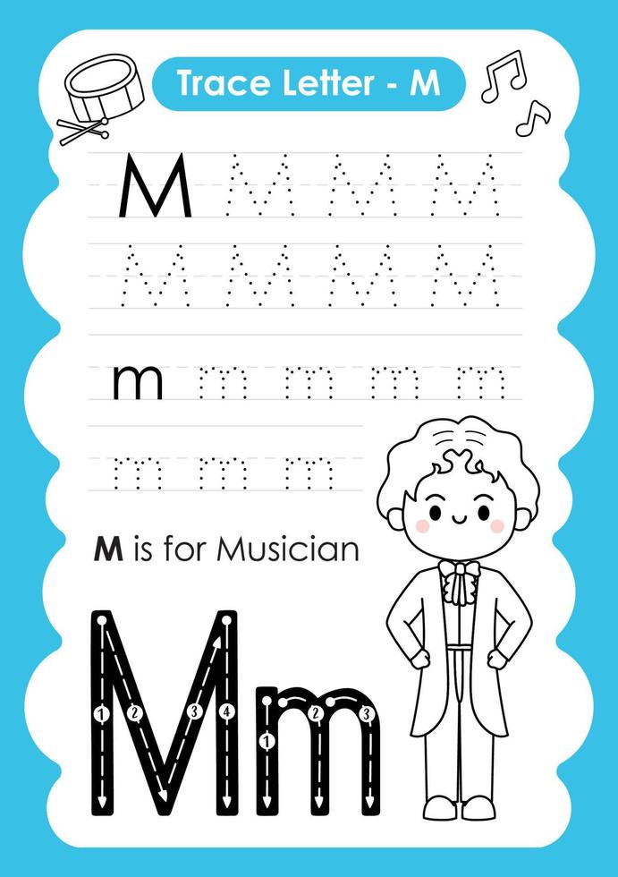 alphabet trace lettre a à z feuille de travail préscolaire avec la lettre m musicien vecteur