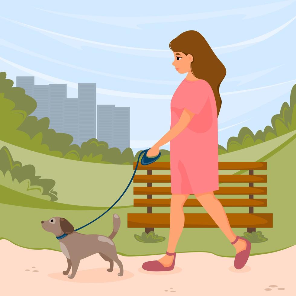 fille en robe marchant avec un chien en laisse dans le parc d'été. illustration vectorielle. vecteur