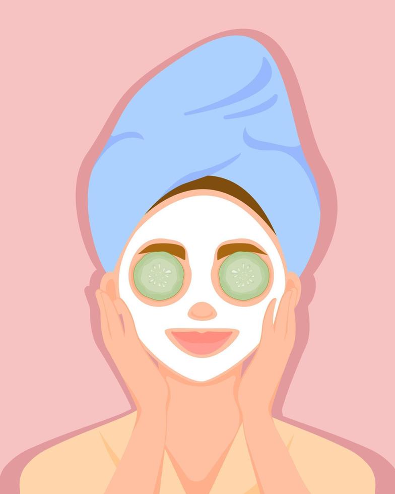 jolie fille avec une serviette sur la tête a appliqué un masque cosmétique sur son visage. nettoyage et soin du visage. spa à domicile. illustration vectorielle. vecteur