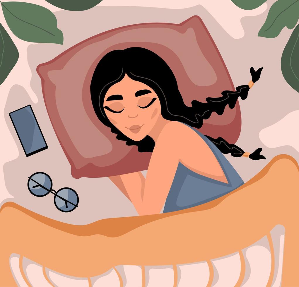 femme dort dans son lit. concept de sommeil sain. illustration à la mode de dessin animé plat de vecteur. vecteur