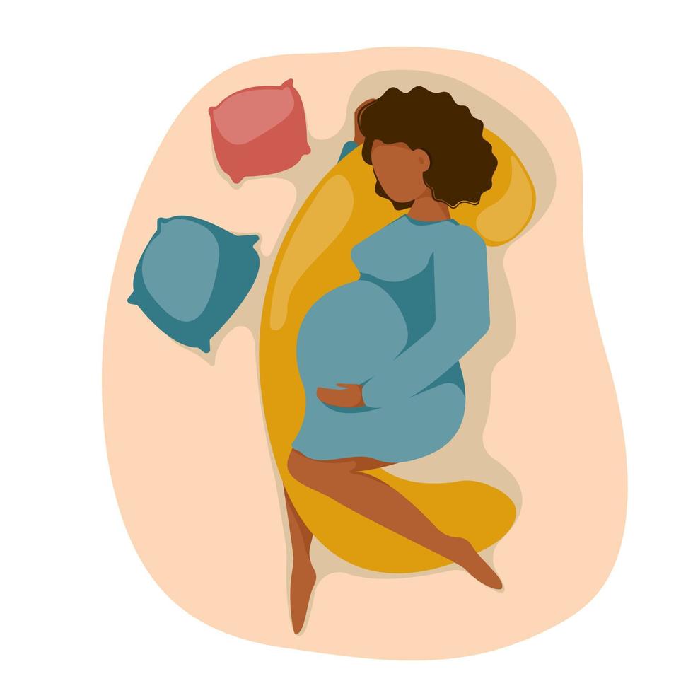 femme enceinte avec gros ventre dort sur un oreiller de grossesse. future mère concept de sommeil sain. conception plate. illustration vectorielle. vecteur