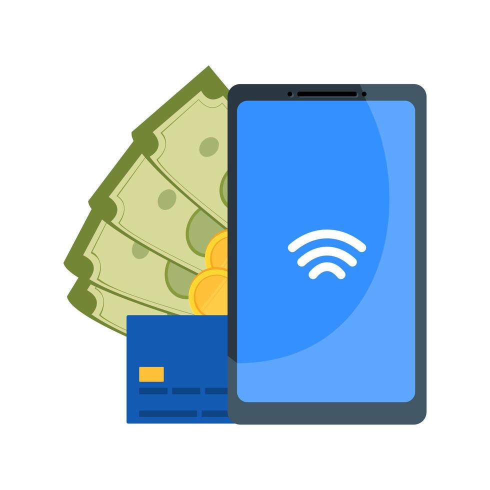 téléphone, espèces, pièces de monnaie, devises en dollars. idée de faire des achats par téléphone, de payer par téléphone. illustration vectorielle. vecteur