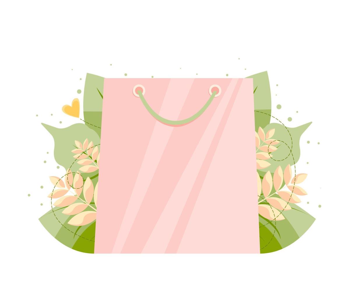 illustration vectorielle de sac de vente sur fond de plante verte. concept de remises, vente, shopping. vecteur