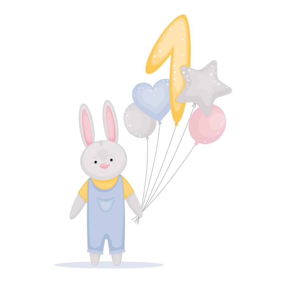 illustration vectorielle avec mignon petit lièvre, ballons, chiffre un. carte de voeux, bannière ou affiche d'enfant d'anniversaire. vecteur