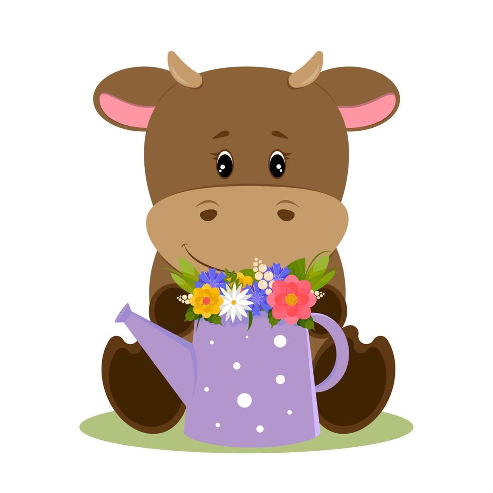 petit taureau tient un arrosoir à l'intérieur duquel se trouve un bouquet de fleurs. le taureau renifle des fleurs. personnage mignon de dessin animé. vecteur