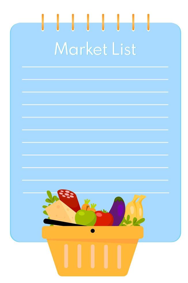 liste de courses. liste de contrôle de la planification alimentaire pour le marché. concept d'achat en supermarché. vecteur