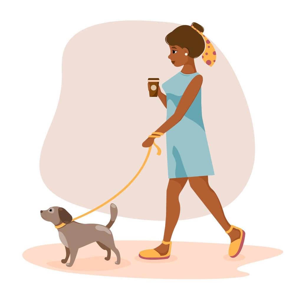 jolie jeune femme promenant le chien tenant le café à la main. illustration vectorielle dans un style plat. vecteur