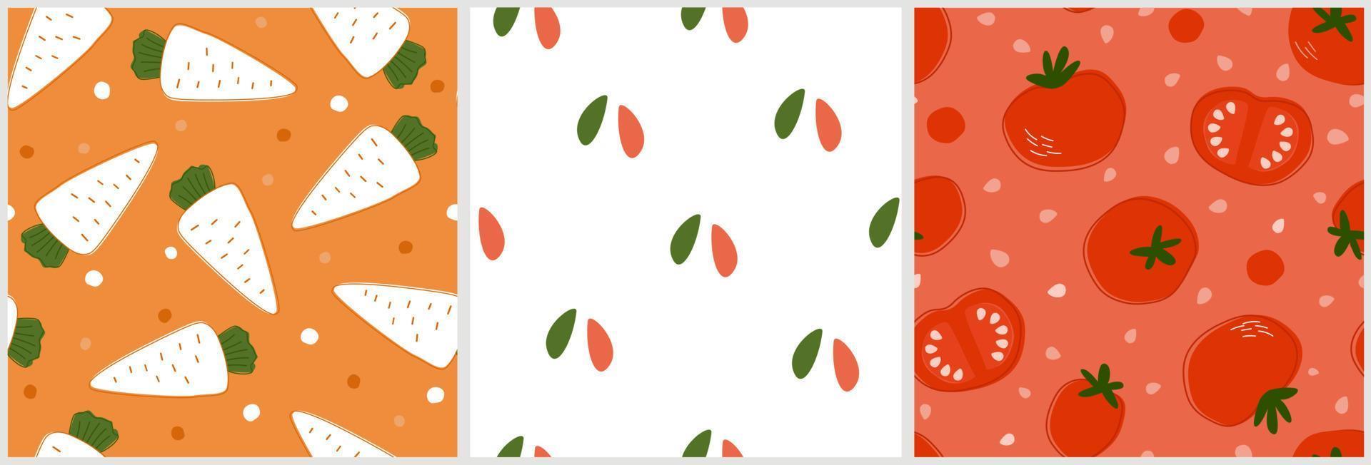 un ensemble de modèle sans couture avec des carottes et des tomates. imprimez avec un légume pour une nutrition végétalienne appropriée. graphiques vectoriels. vecteur