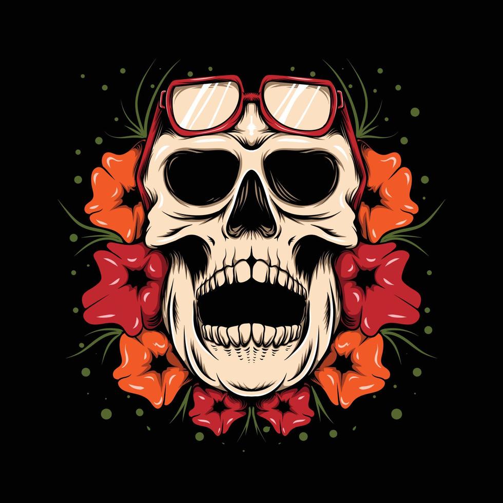 crâne avec conception de t shirt illustration vibes de fleurs vecteur