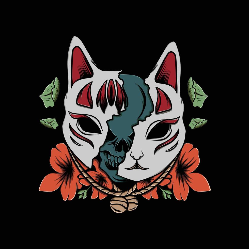 masque kitsune illustration avec fleur colorée vecteur