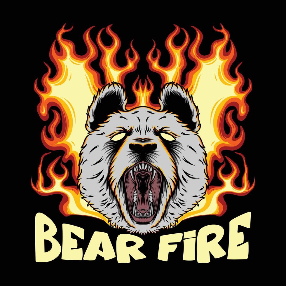 tête d'ours avec illustration de feu qui couve et lettrage d'ours en colère vecteur