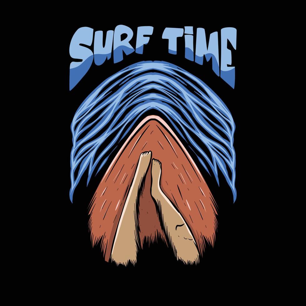 illustration relaxante sur planche de surf avec lettrage de temps de surf pour la conception de t-shirt vecteur