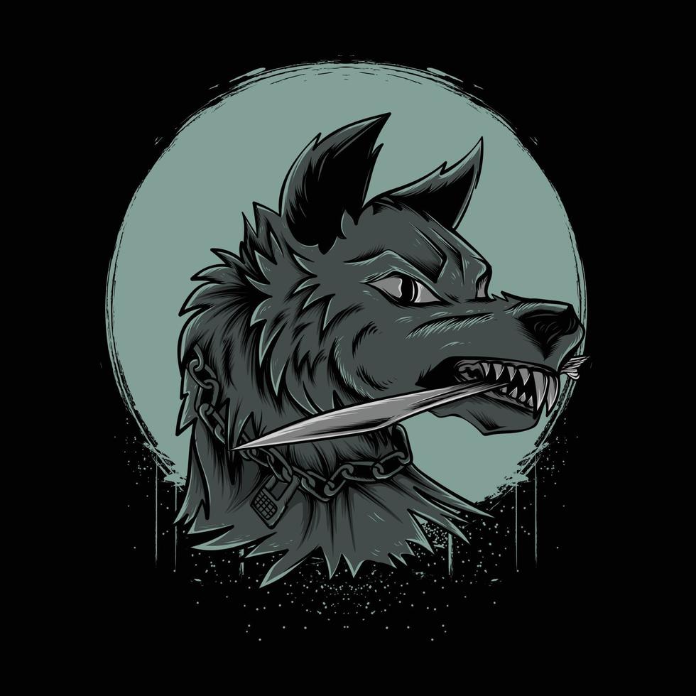loup mordant le couteau avec l'illustration de la lune vecteur
