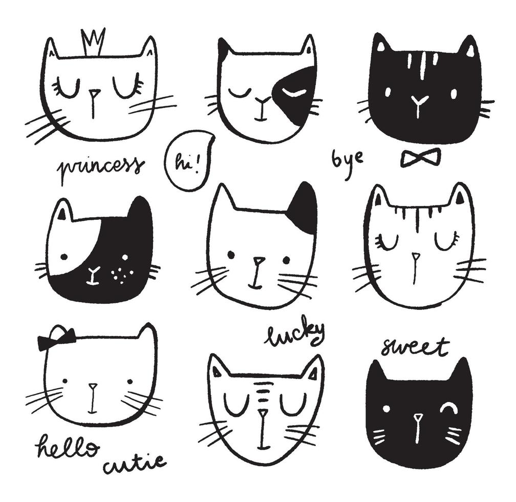 visages de chat dessinés à la main sertis de mots. têtes d'animaux vecteur doodle mignon.