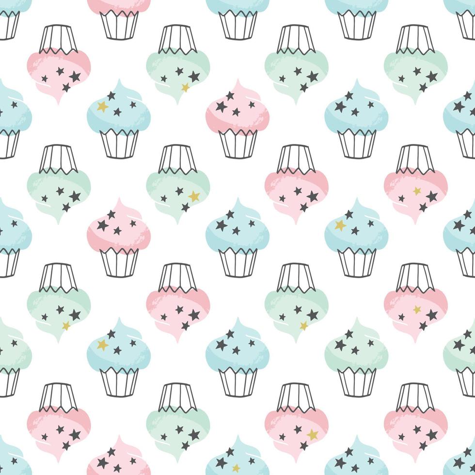 modèle de vecteur de petit gâteau. arrière-plan harmonieux de cupcakes mignons dessinés à la main pour la fête, l'anniversaire, les cartes de voeux, l'emballage cadeau, la papeterie.