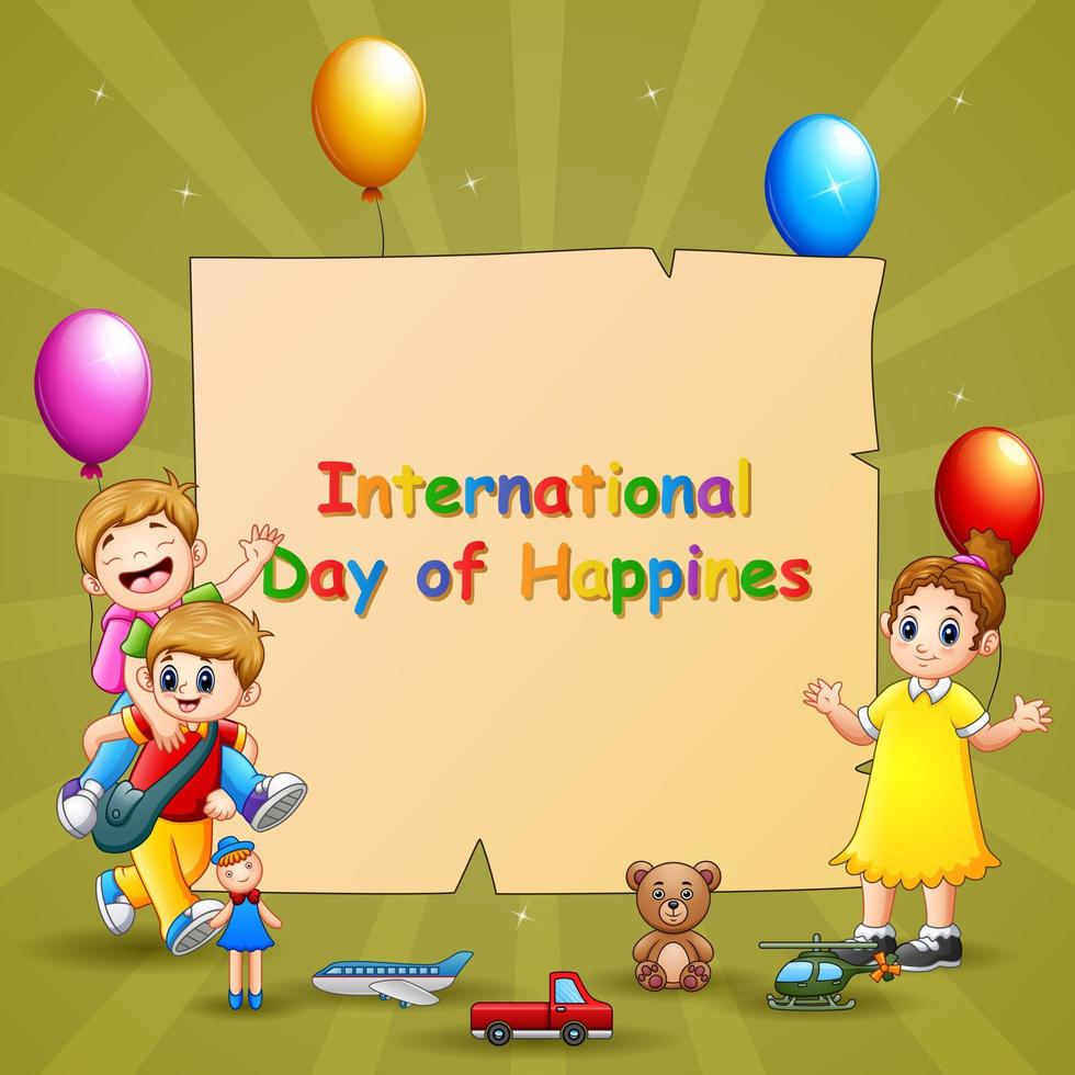 conception de modèle de journée internationale du bonheur avec des enfants et des jouets vecteur