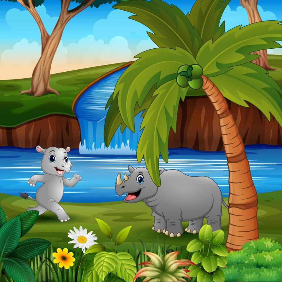 dessin animé les rhinocéros jouant au bord de l'illustration de la rivière vecteur