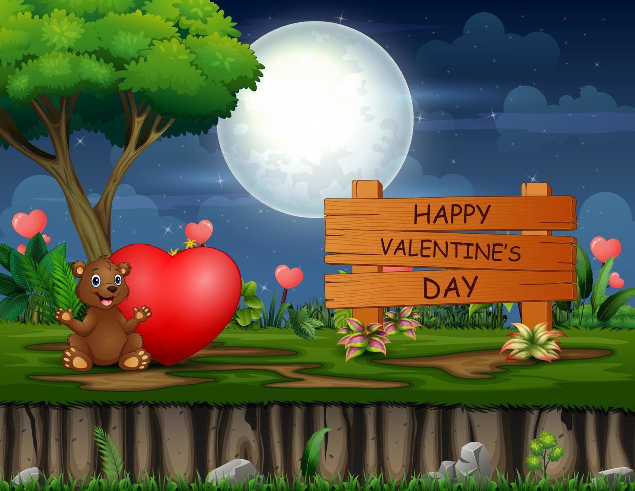 happy valentines day sign avec un ours et un coeur rouge la nuit vecteur
