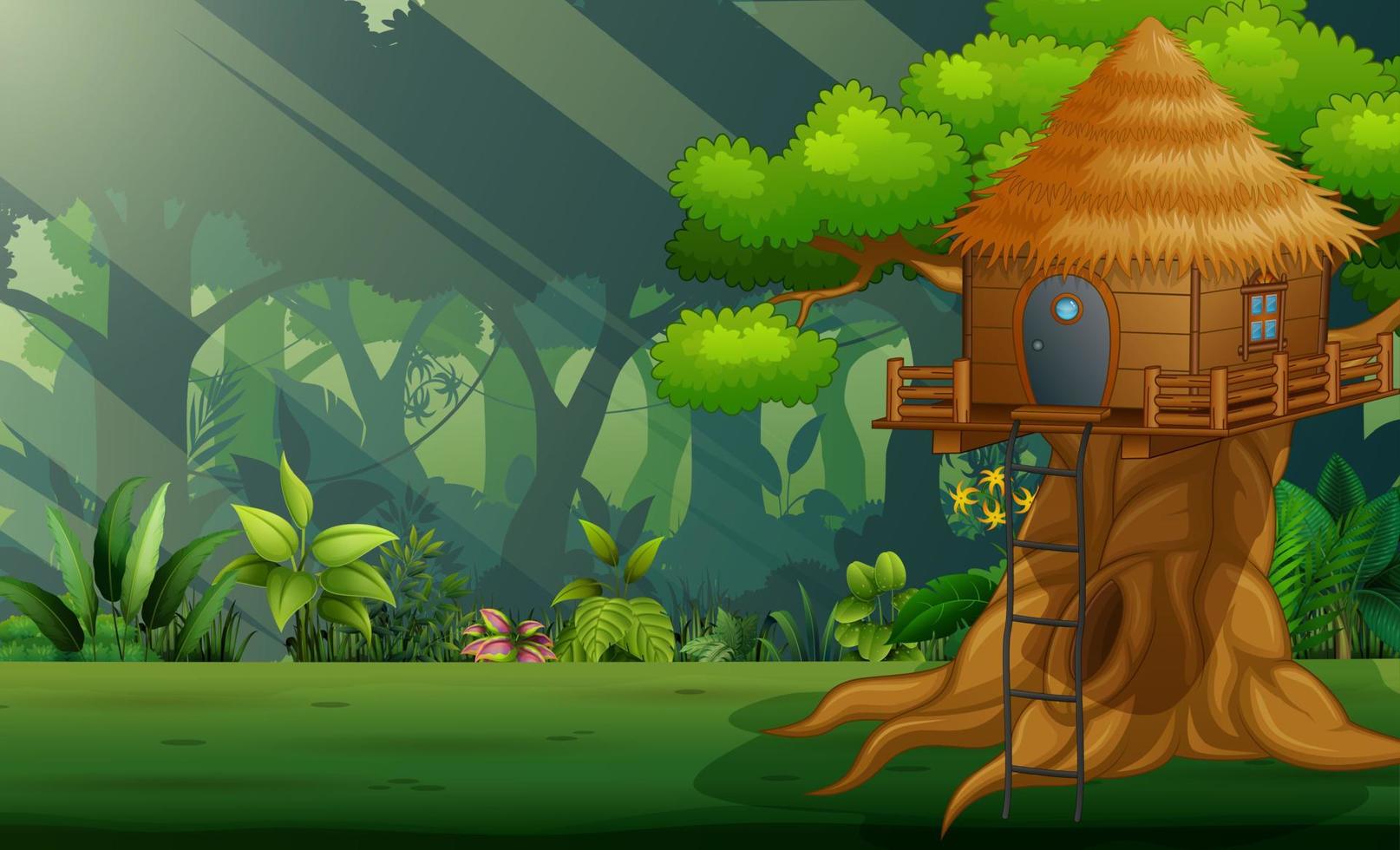 scène avec cabane dans les arbres en bois au milieu de la forêt vecteur
