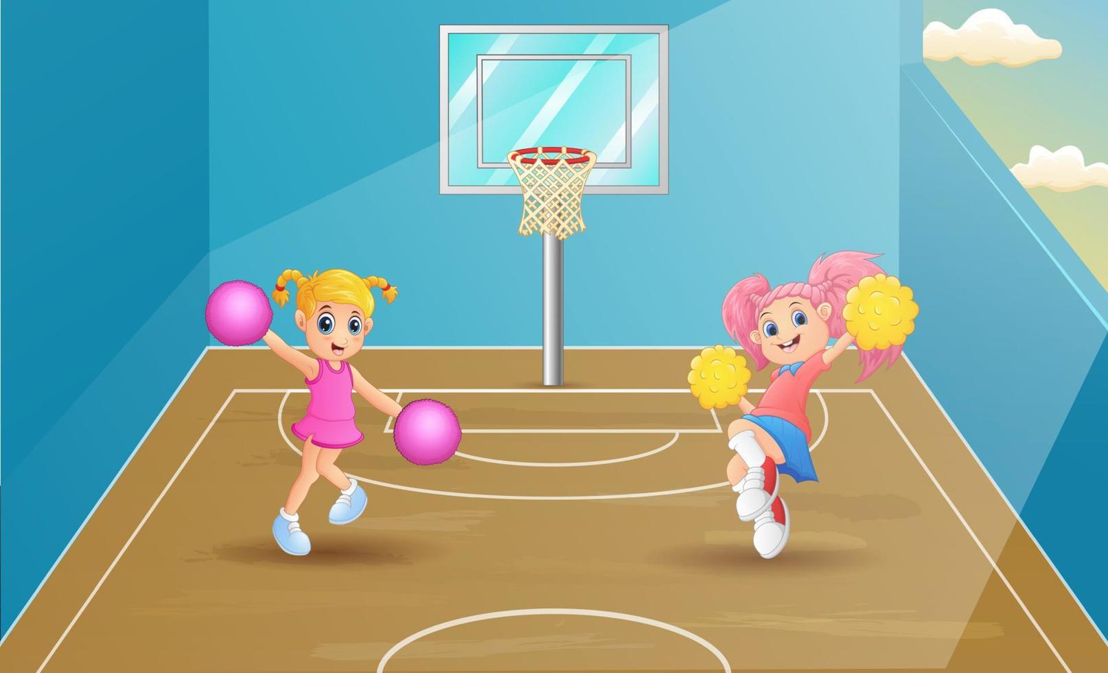 pom-pom girls dansant sur un terrain de basket vecteur