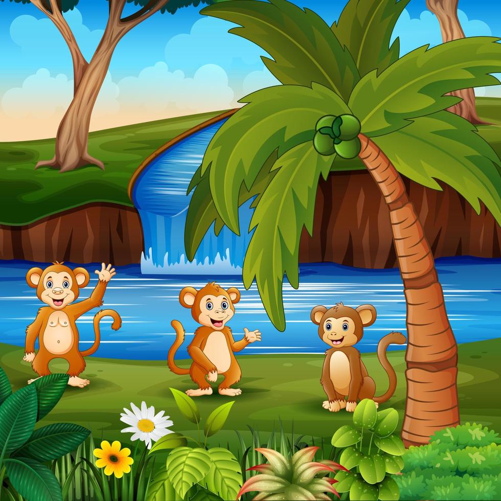 dessin animé trois singes au bord de la rivière vecteur