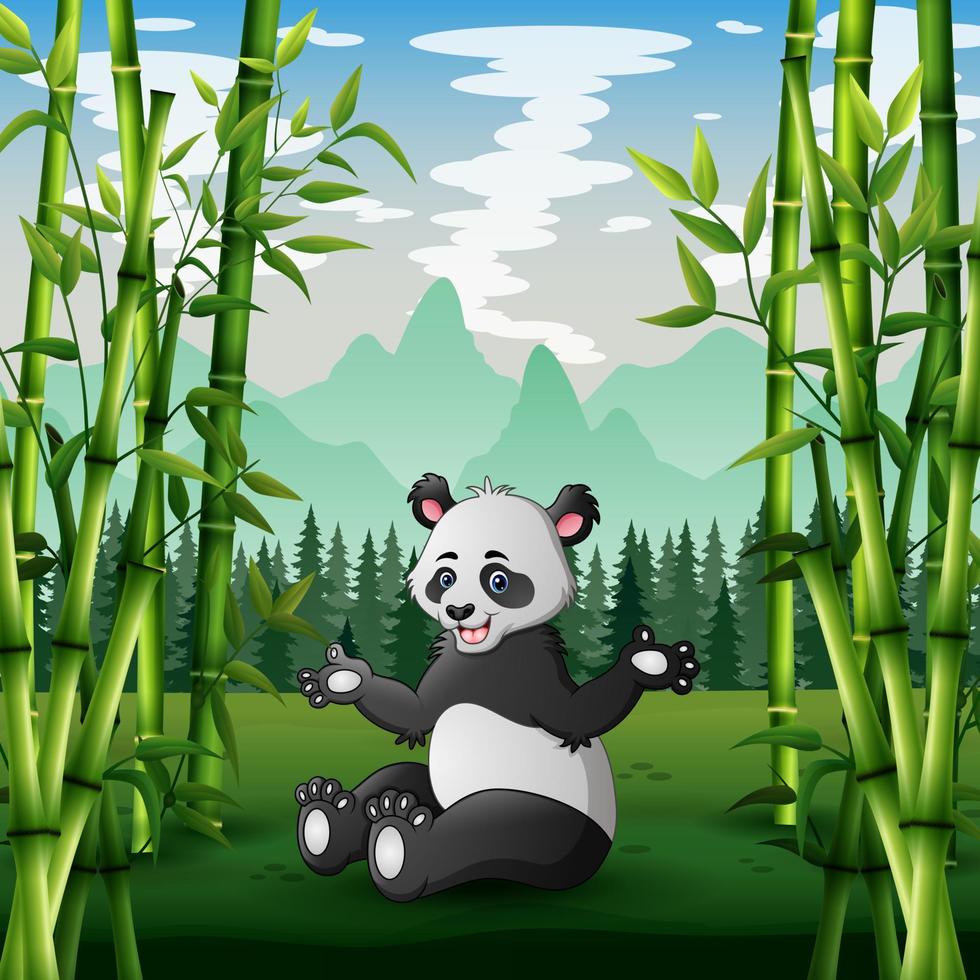 dessin animé grand panda assis dans un champ vert vecteur