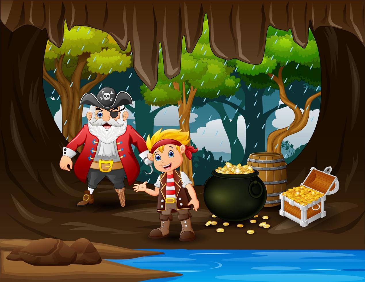 caricature de trésor avec pirate dans l'or de la grotte vecteur