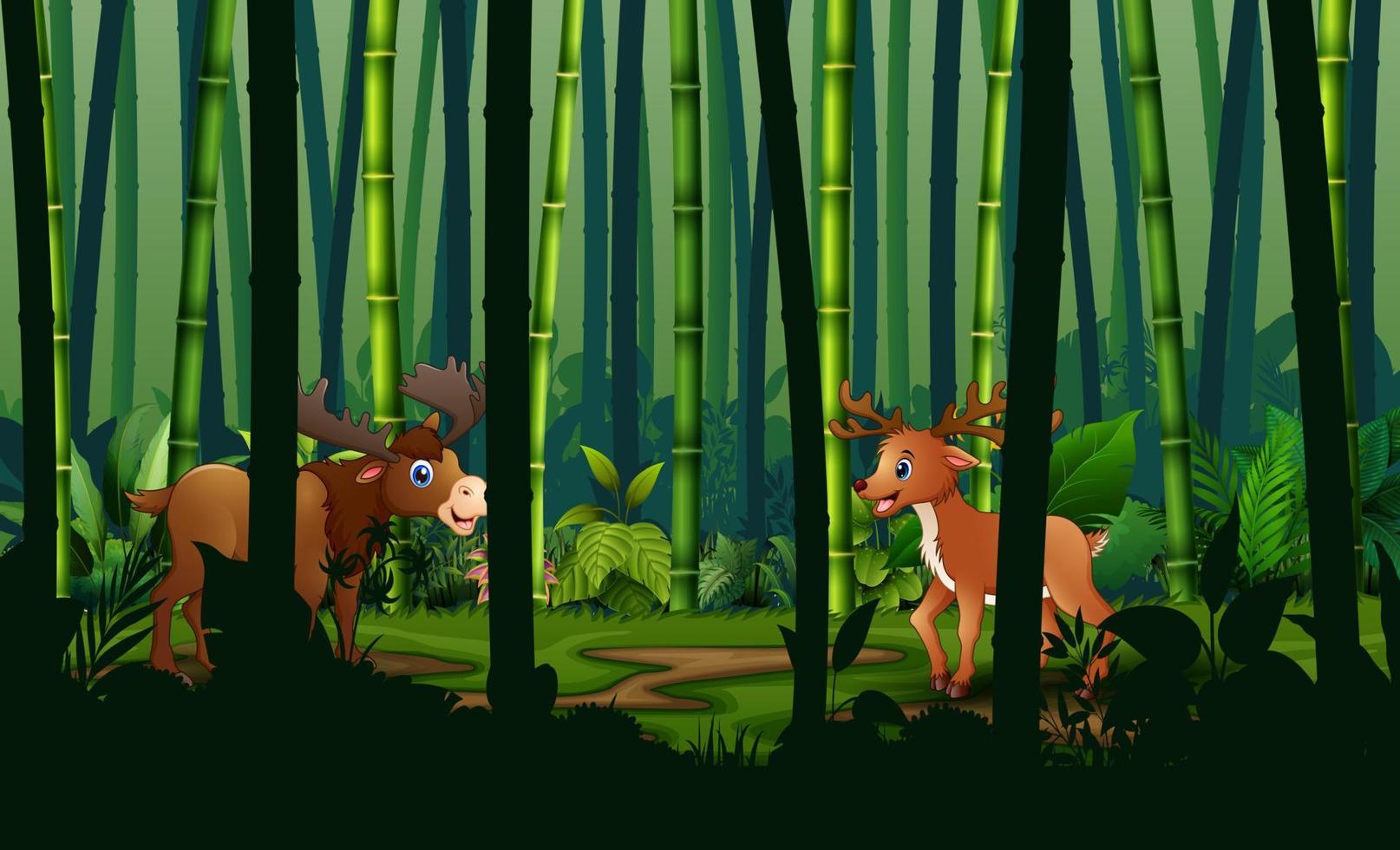 dessin animé de cerfs et d'orignaux dans la forêt de bambous vecteur