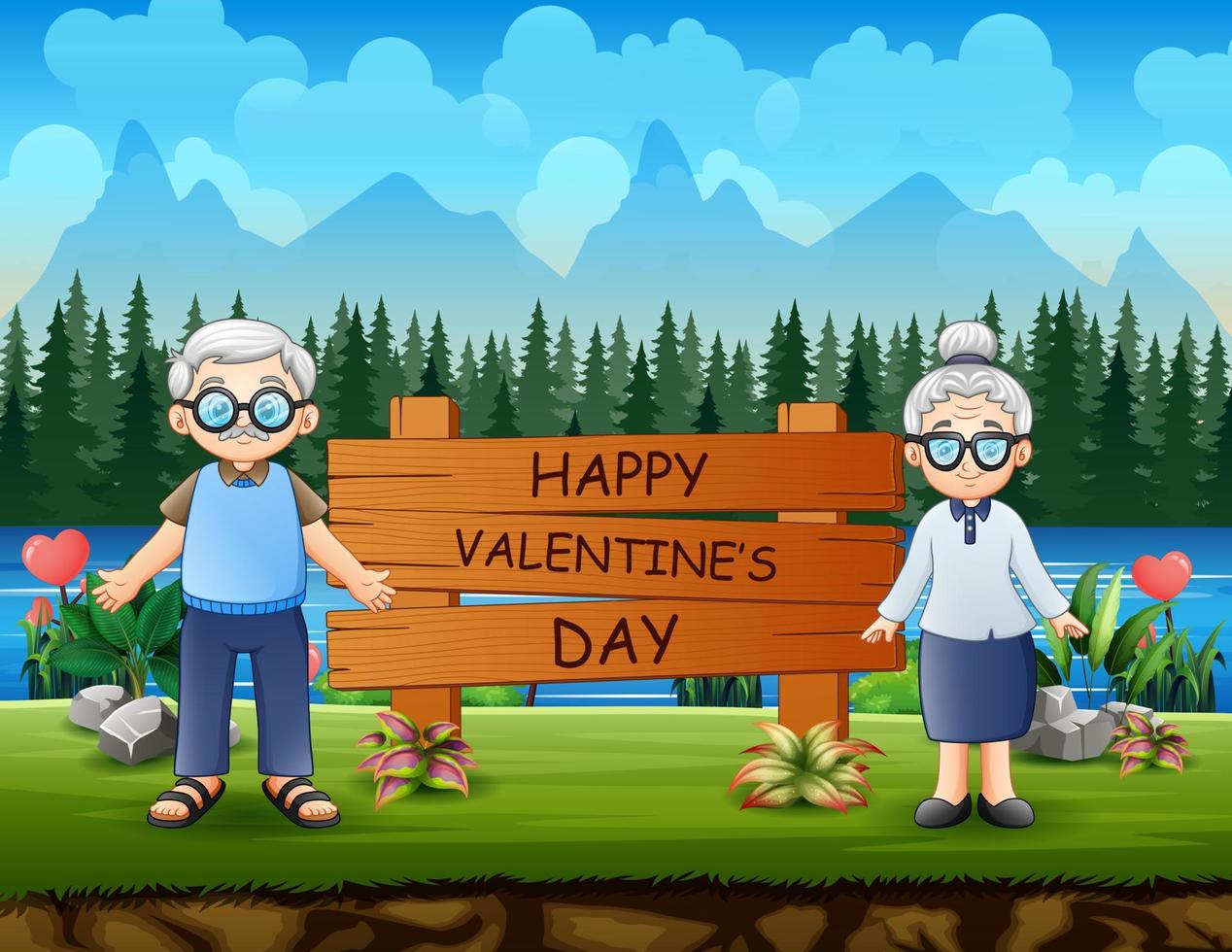 happy valentines day sign avec un couple grand-parent vecteur